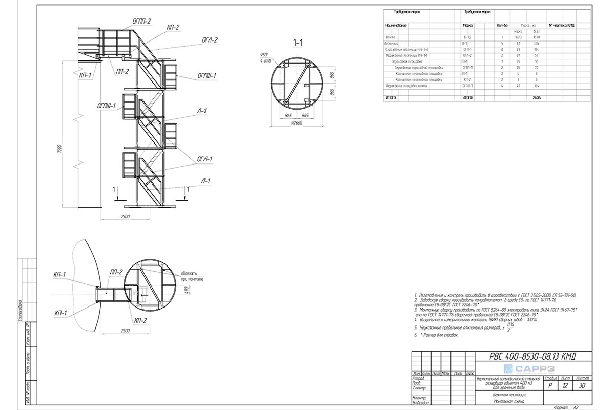 Монтажная схема шахтной лестницы вертикального резервуара РВС-400 м3